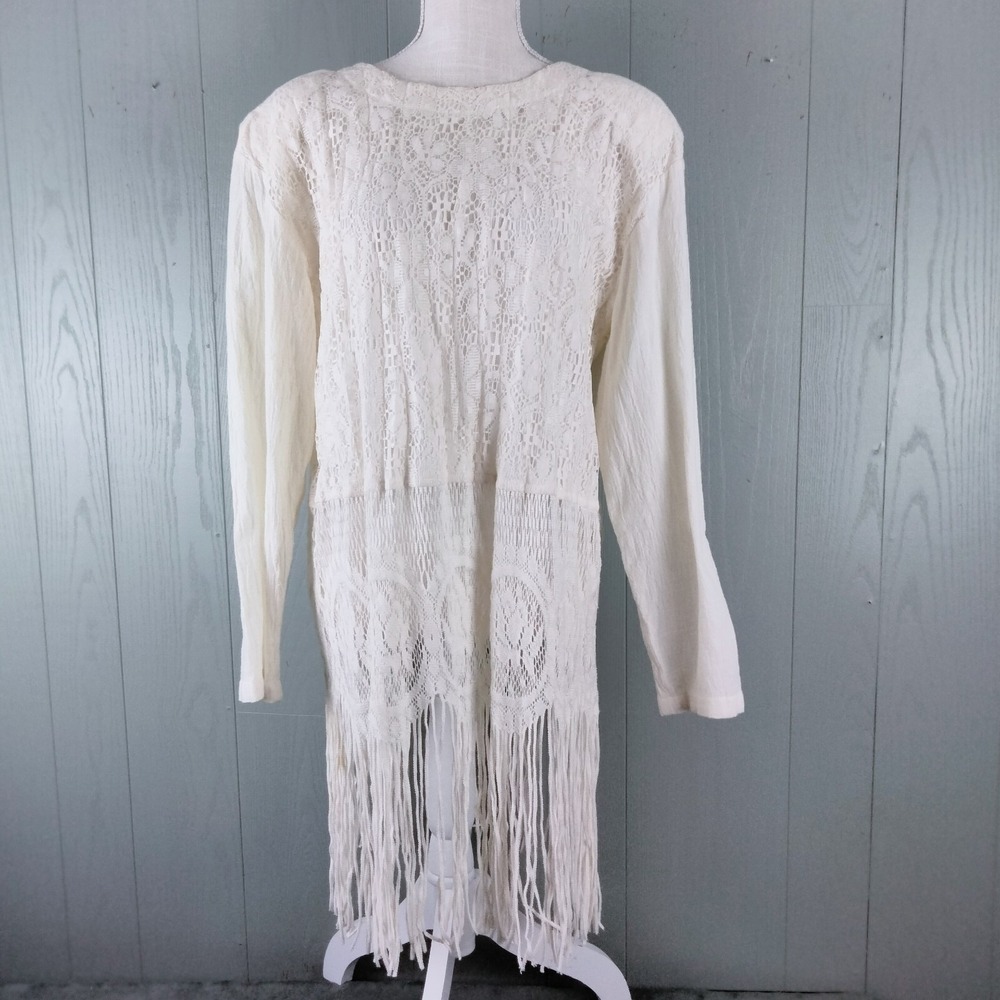 Vintage Choon Flapper Dress Womens 14 Off White Crochet Fringe Sheer Gatsby Lace